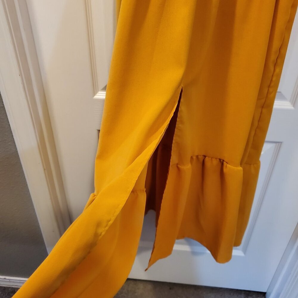 NWOT Boho Chic Mustard yellow-orange Smocked Waist Flowy Dress Puff Sleeves M/L - Picture 6 of 8
